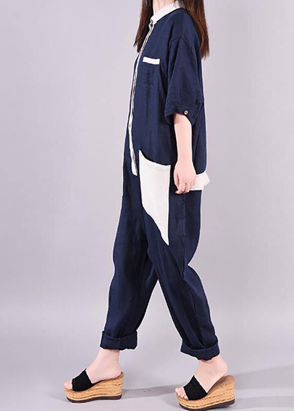 Women linen Fitted Fashion Spliced Big Pockets Casual Romper - SooLinen