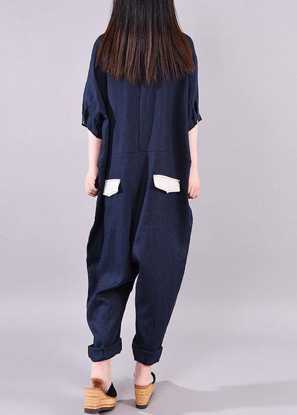 Women linen Fitted Fashion Spliced Big Pockets Casual Romper - SooLinen
