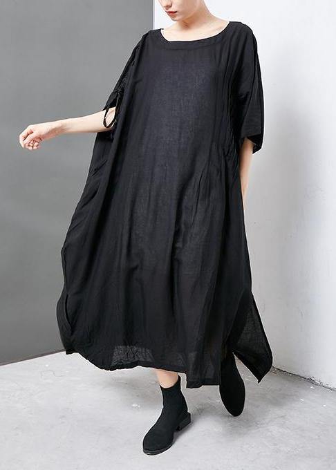 Women linen clothes For Women 2019 Solid Casual Short Sleeve Round Neck Dress - SooLinen