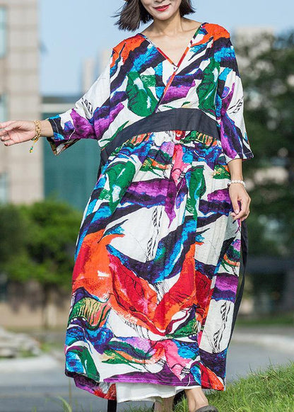 Women multicolor cotton dress v neck tie waist long summer Dresses - SooLinen