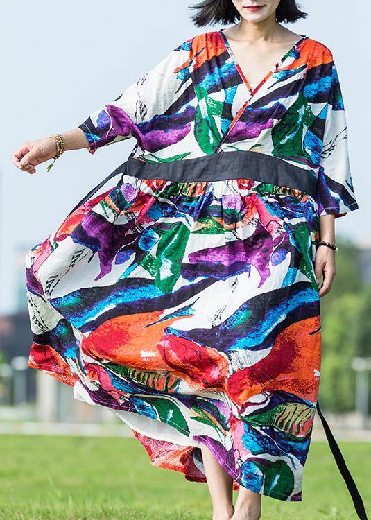 Women multicolor cotton dress v neck tie waist long summer Dresses - SooLinen