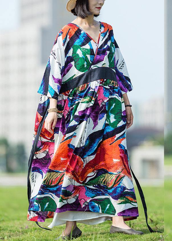 Women multicolor cotton dress v neck tie waist long summer Dresses - SooLinen