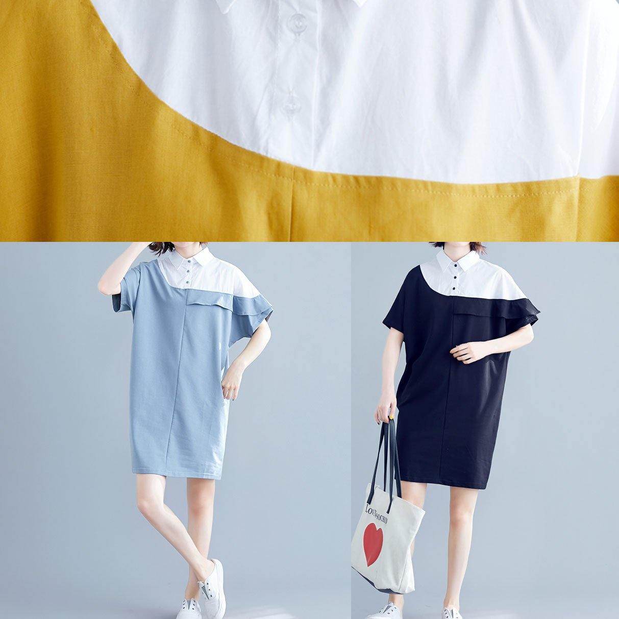 Women navy Cotton dresses o neck patchwork Midi summer Dress - SooLinen