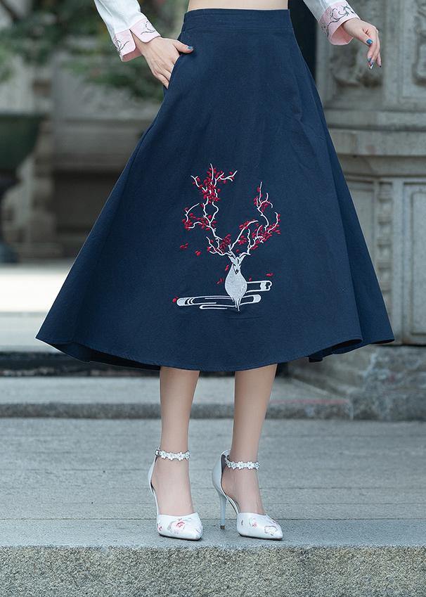 Women navy Cotton embroidery clothes Indian Sewing A line skirts oversized Summer skirt - SooLinen