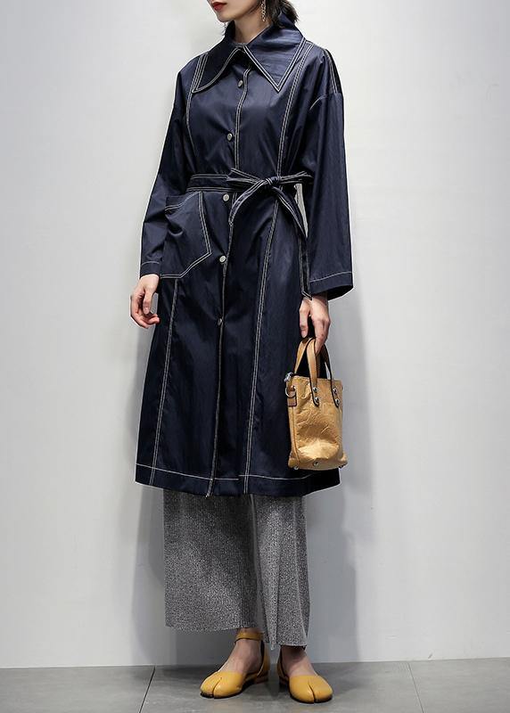 Women navy Fine coats Notched tie waist coats - SooLinen