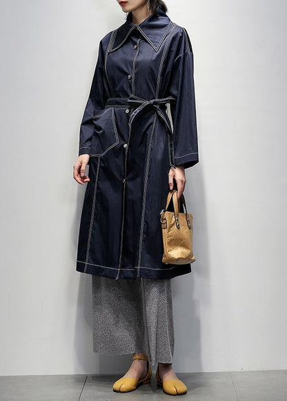 Women navy Fine coats Notched tie waist coats - SooLinen