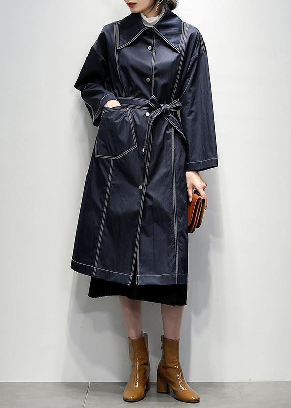 Women navy Fine coats Notched tie waist coats - SooLinen