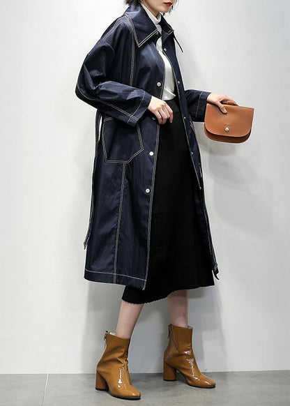 Women navy Fine coats Notched tie waist coats - SooLinen