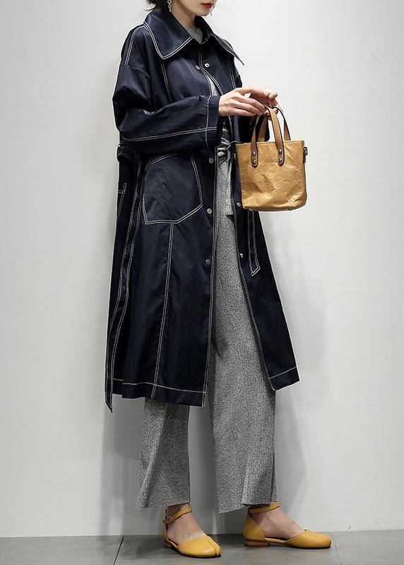 Women navy Fine coats Notched tie waist coats - SooLinen