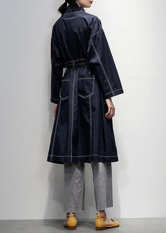 Women navy Fine coats Notched tie waist coats - SooLinen