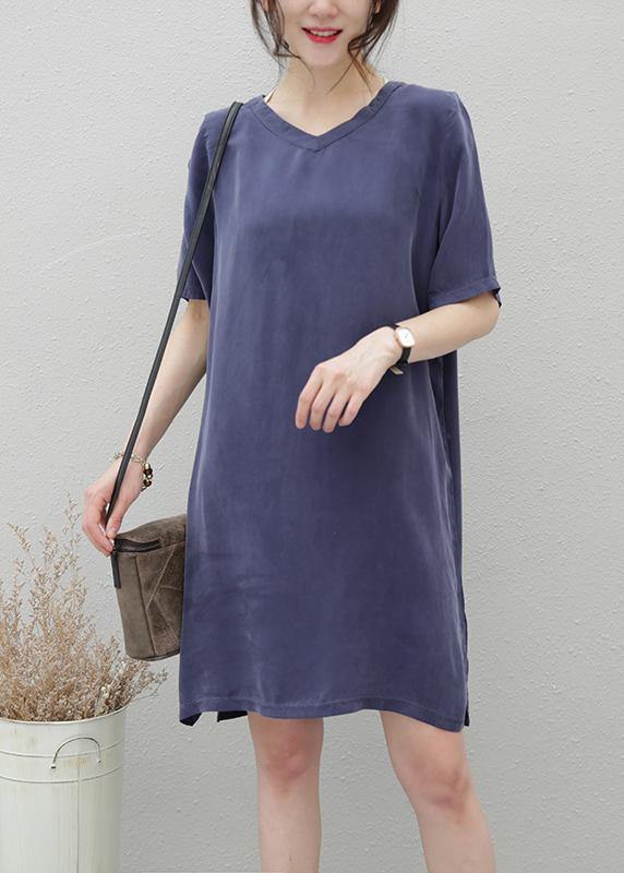 Women navy clothes For Women v neck side open loose Dresses - SooLinen