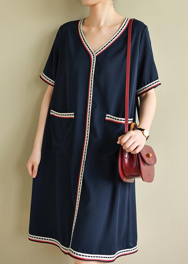 Women navy clothes Women v neck pockets baggy summer Dresses - SooLinen