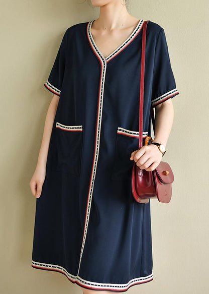 Women navy clothes Women v neck pockets baggy summer Dresses - SooLinen