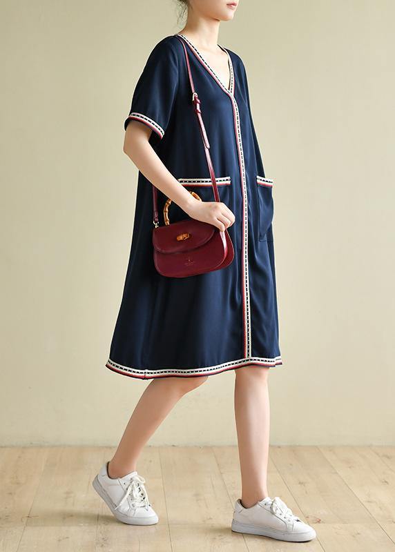 Women navy clothes Women v neck pockets baggy summer Dresses - SooLinen