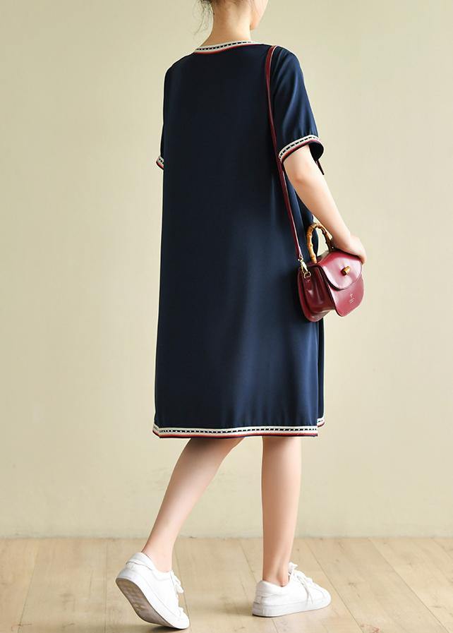 Women navy clothes Women v neck pockets baggy summer Dresses - SooLinen