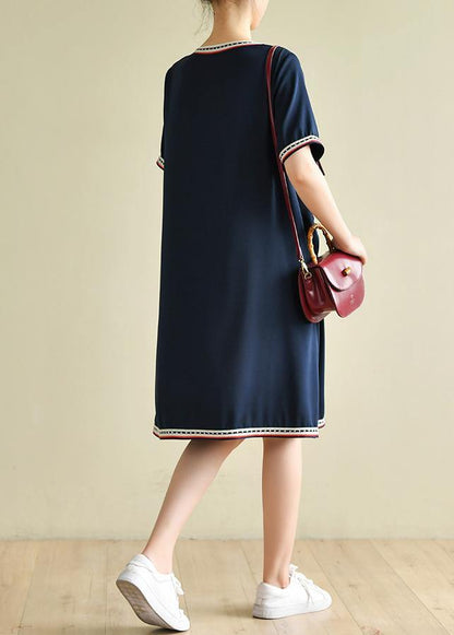 Women navy clothes Women v neck pockets baggy summer Dresses - SooLinen
