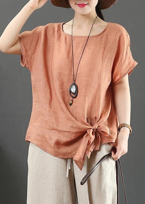 Women navy linen cotton blouses Sewing o neck Bow summer blouses - SooLinen