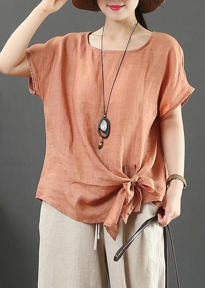 Women navy linen cotton blouses Sewing o neck Bow summer blouses - SooLinen