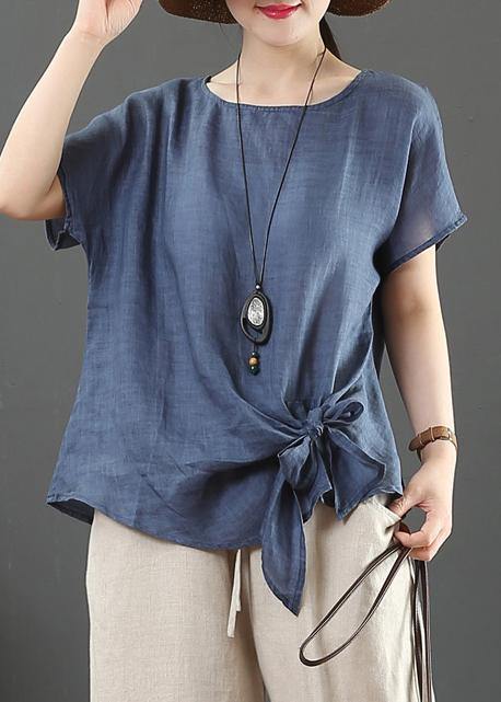Women navy linen cotton blouses Sewing o neck Bow summer blouses - SooLinen