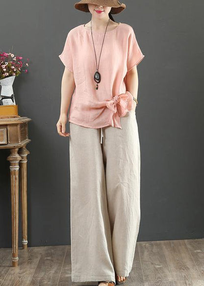 Women navy linen cotton blouses Sewing o neck Bow summer blouses - SooLinen