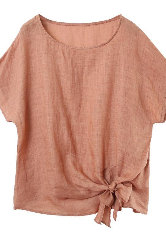 Women navy linen cotton blouses Sewing o neck Bow summer blouses - SooLinen