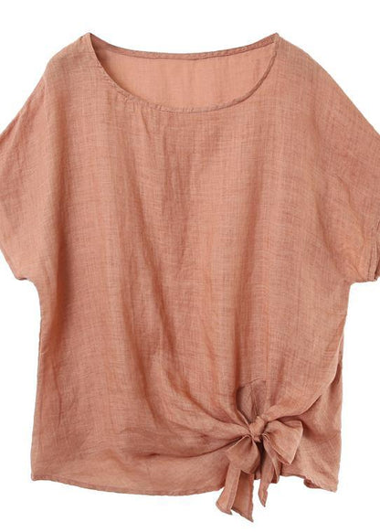 Women navy linen cotton blouses Sewing o neck Bow summer blouses - SooLinen