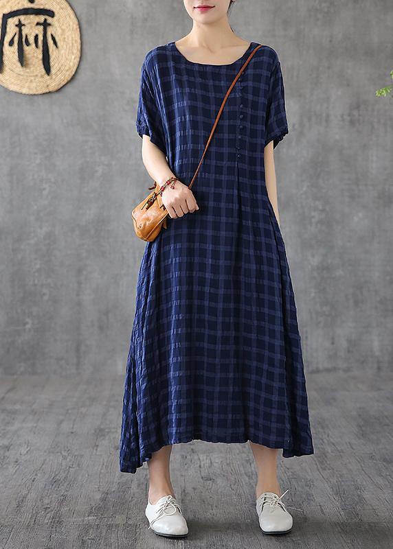 Women navy plaid linen clothes o neck short sleeve cotton robes Dress - SooLinen