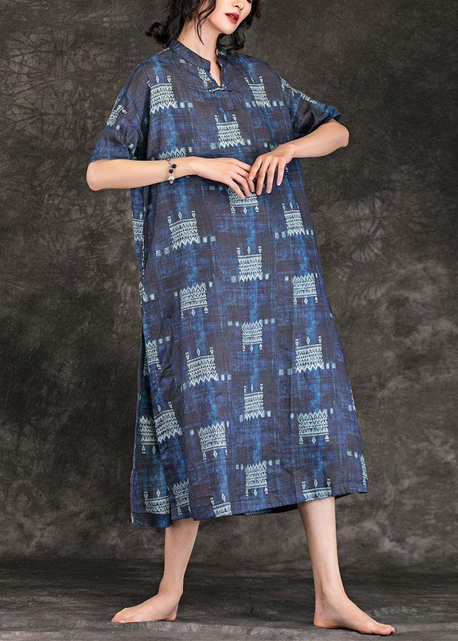 Women navy print linen dress stand collar tie waist Maxi summer Dress - SooLinen