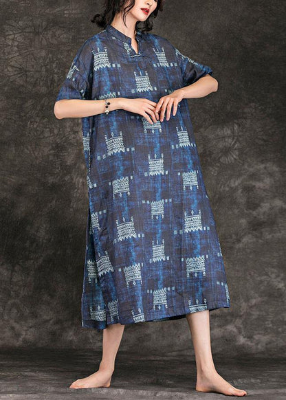 Women navy print linen dress stand collar tie waist Maxi summer Dress - SooLinen