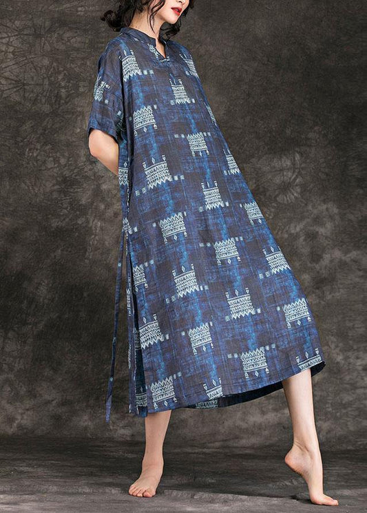 Women navy print linen dress stand collar tie waist Maxi summer Dress - SooLinen