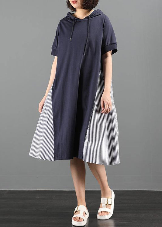 Women navy tunic dress hooded patchwork striped Maxi Dresses - SooLinen