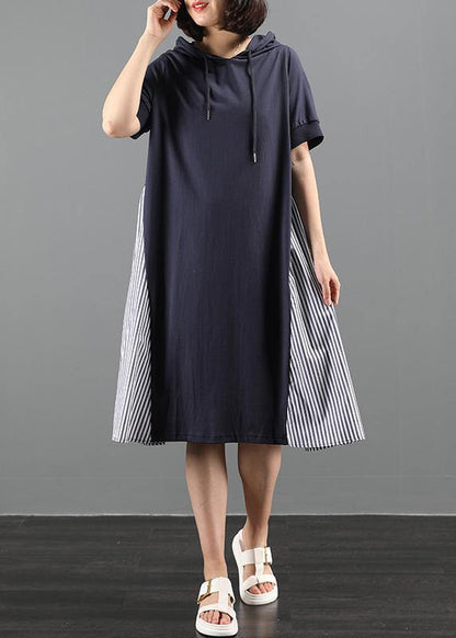 Women navy tunic dress hooded patchwork striped Maxi Dresses - SooLinen