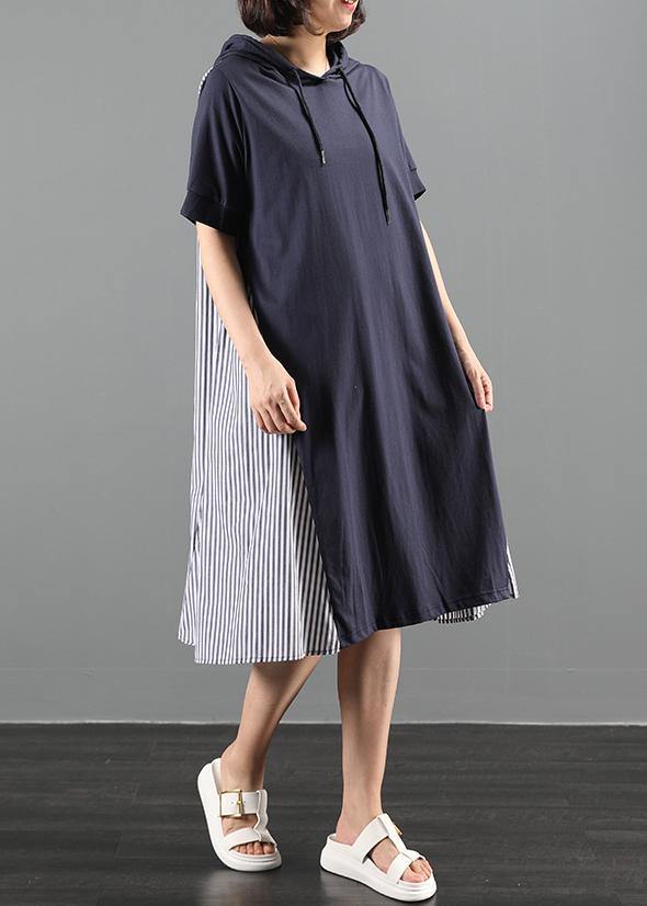 Women navy tunic dress hooded patchwork striped Maxi Dresses - SooLinen