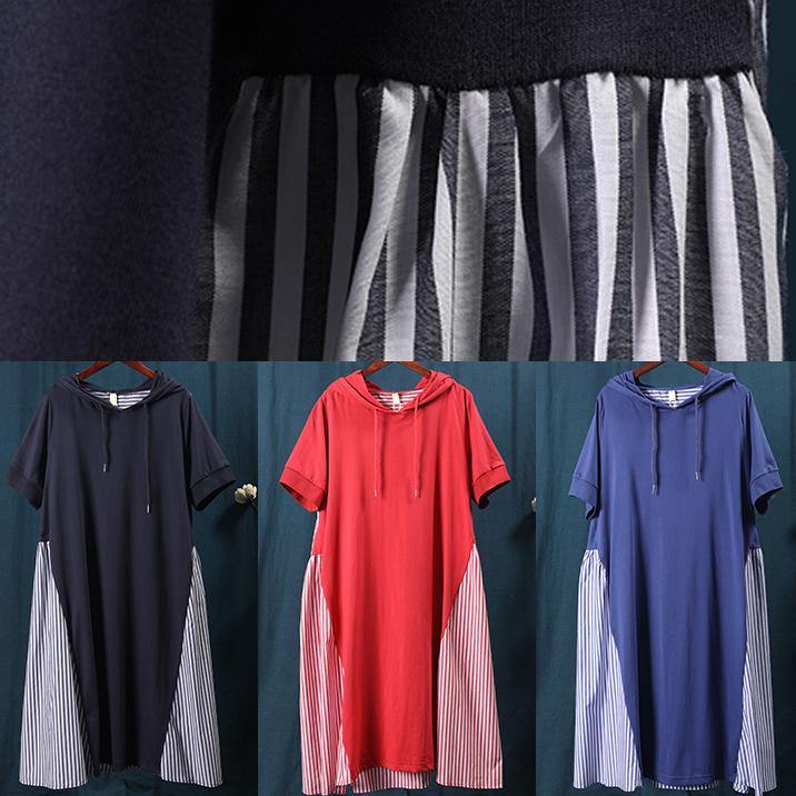 Women navy tunic dress hooded patchwork striped Maxi Dresses - SooLinen