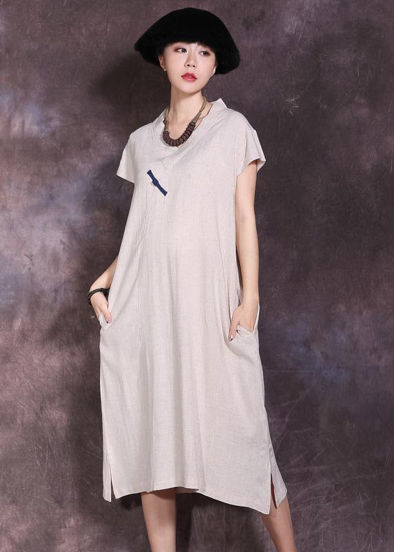 Women nude v neck linen dress side open Plus Size summer Dresses - SooLinen