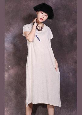 Women nude v neck linen dress side open Plus Size summer Dresses - SooLinen