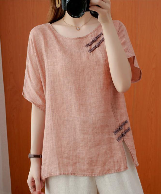 Women o neck Chinese Button clothes For Women Photography light pink tops - SooLinen