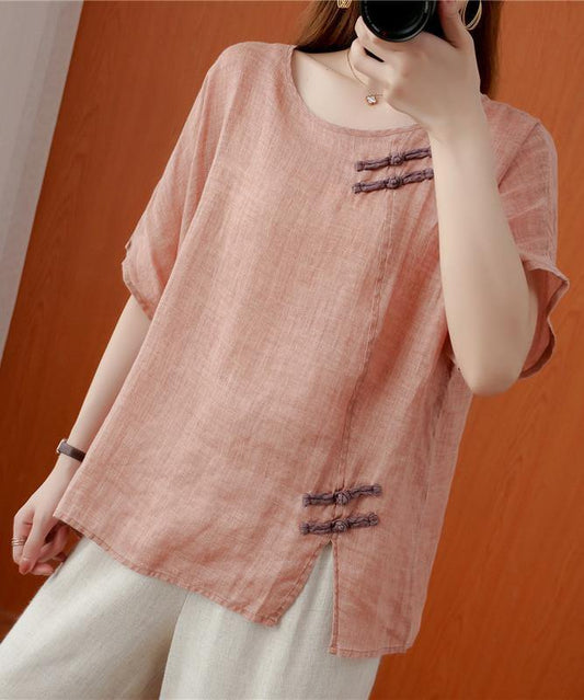 Women o neck Chinese Button clothes For Women Photography light pink tops - SooLinen
