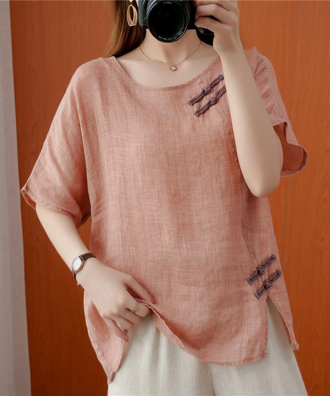 Women o neck Chinese Button clothes For Women Photography light pink tops - SooLinen