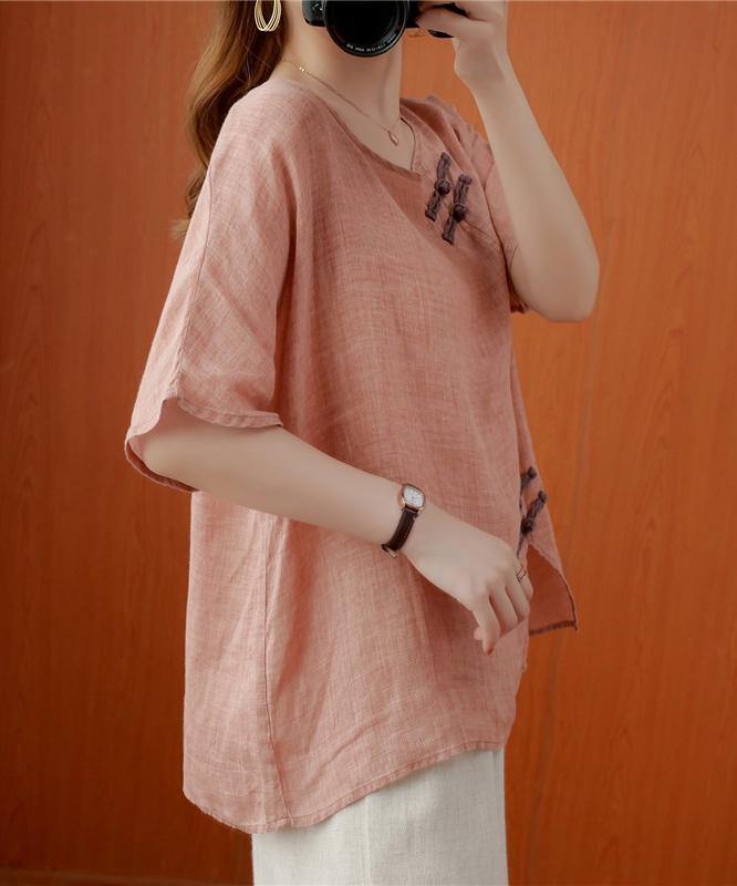 Women o neck Chinese Button clothes For Women Photography light pink tops - SooLinen
