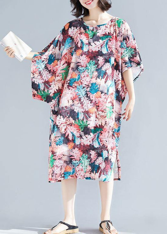 Women o neck Cotton quilting clothes Shape pink print Dresses summer - SooLinen