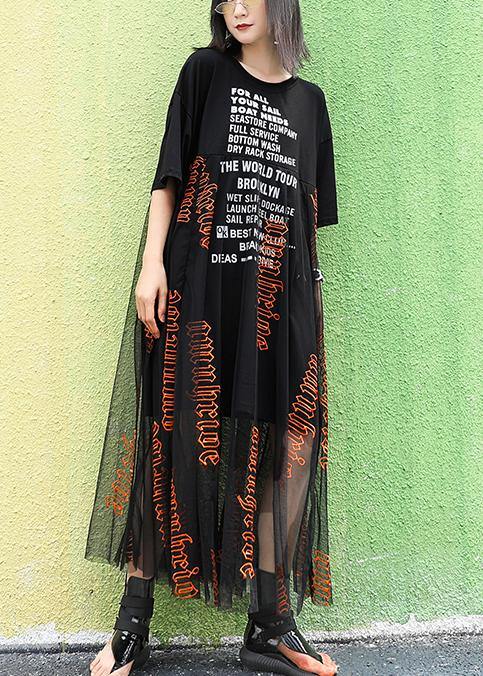 Women o neck Letter cotton summer Long pattern black Dresses - SooLinen
