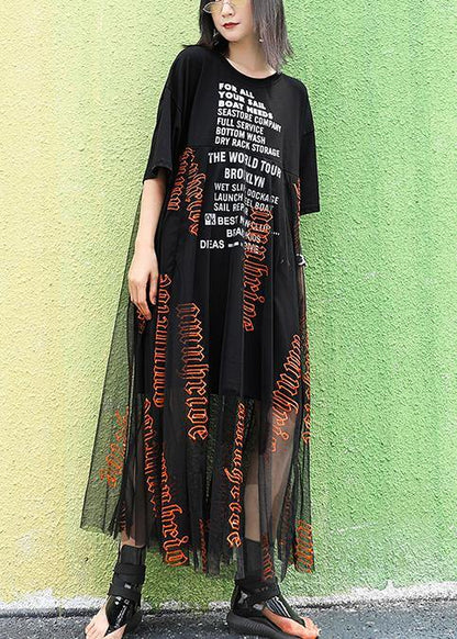 Women o neck Letter cotton summer Long pattern black Dresses - SooLinen