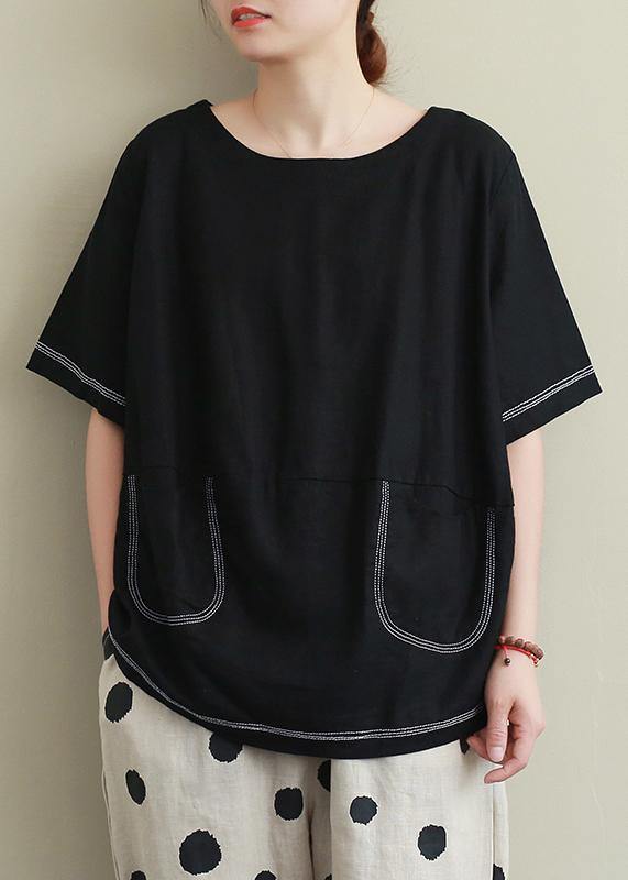Women o neck Open wire decoration linen summer clothes black short shirt - SooLinen