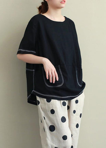 Women o neck Open wire decoration linen summer clothes black short shirt - SooLinen