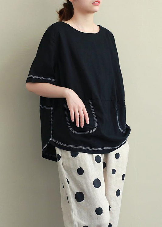 Women o neck Open wire decoration linen summer clothes black short shirt - SooLinen