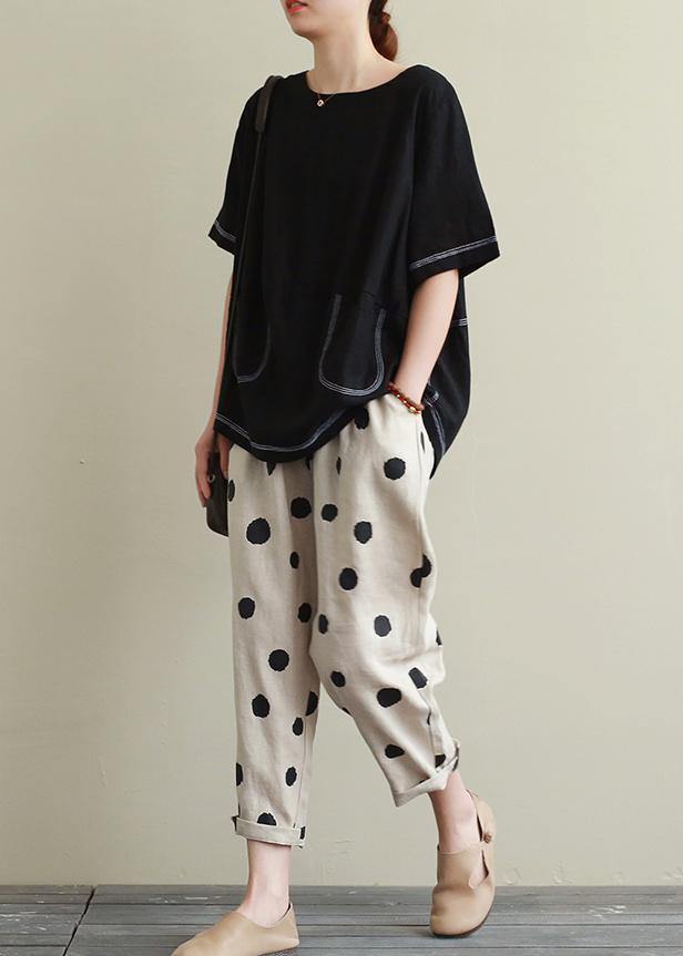 Women o neck Open wire decoration linen summer clothes black short shirt - SooLinen