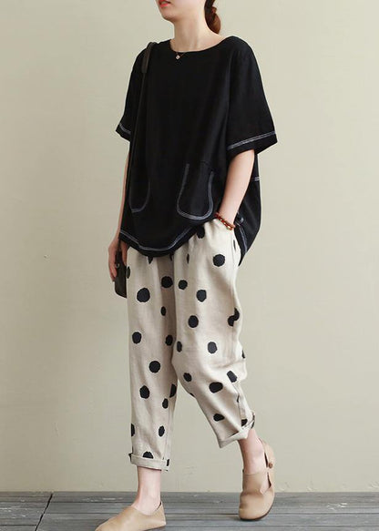 Women o neck Open wire decoration linen summer clothes black short shirt - SooLinen