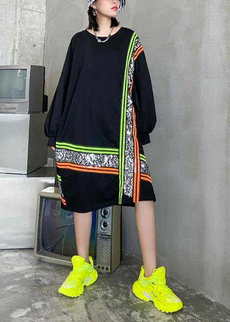 Women o neck Sequined quilting dresses Shape black Plus Size  Dress - SooLinen