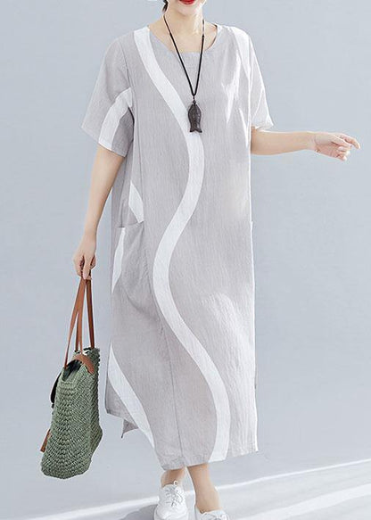 Women o neck asymmetric cotton clothes For Women design light gray striped Maxi Dresses summer - SooLinen